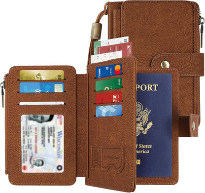 Likesing RFID Blocking Passport Holder, Leather Travel Wallet Womens(Black) | RFID Passport Wallet with 13 Card Holders ＆ 2 SIM Slots, Passport Book Cover Photo ＆ Zippered Coins Pocket and Cash Holder