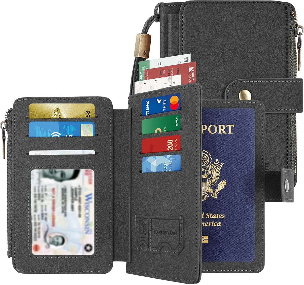 Likesing RFID Blocking Passport Holder, Leather Travel Wallet Womens(Black) | RFID Passport Wallet with 13 Card Holders ＆ 2 SIM Slots, Passport Book Cover Photo ＆ Zippered Coins Pocket and Cash Holder