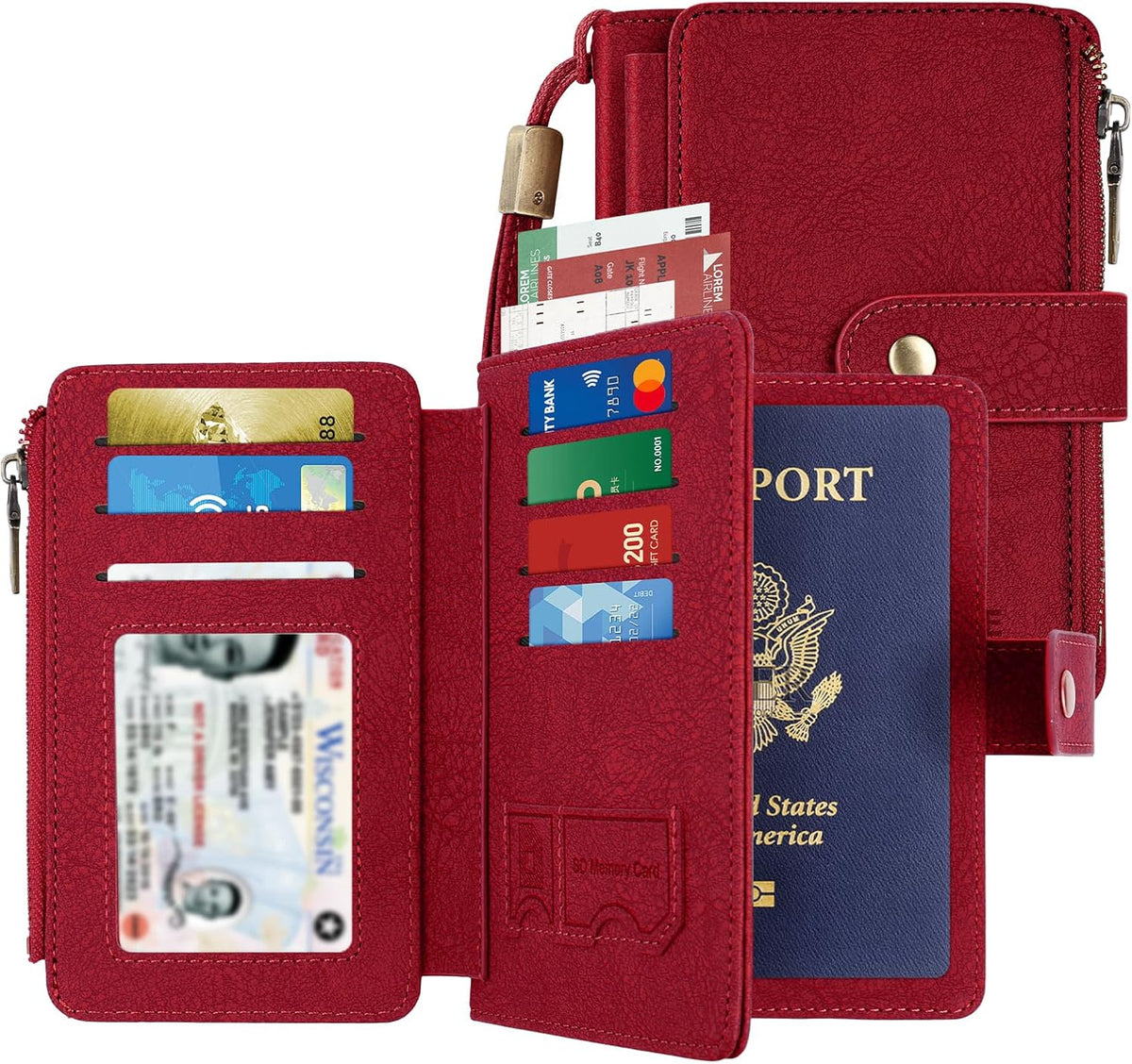 Likesing RFID Blocking Passport Holder, Leather Travel Wallet Womens(Black) | RFID Passport Wallet with 13 Card Holders ＆ 2 SIM Slots, Passport Book Cover Photo ＆ Zippered Coins Pocket and Cash Holder