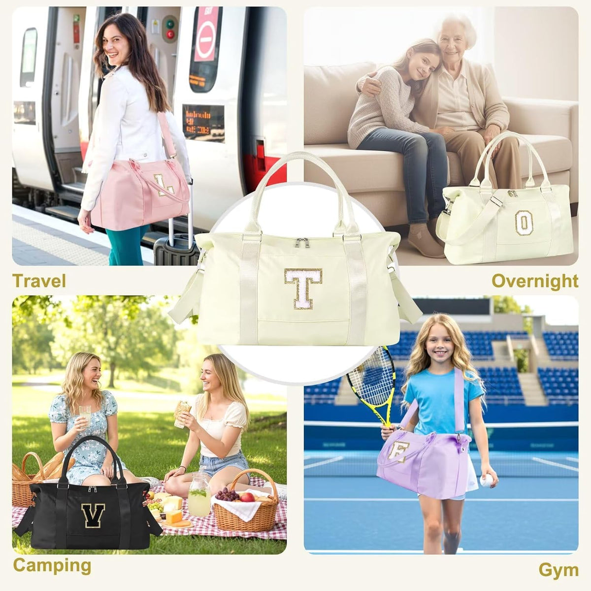 Dance Gym Duffel Bag for Teen Girls,Personalized Initial Travel Weekender Bag,Overnight Carry On Duffle for Women,Sports Travel Cheer Bag,Monogram Graduation Birthday Gifts for Tween Preppy(purple-T)