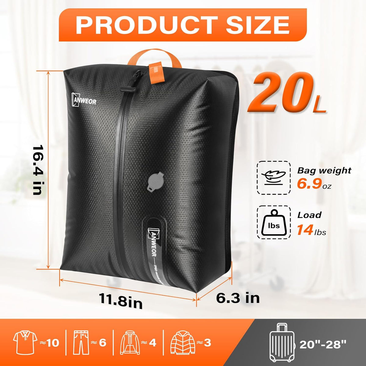 Vacuum Bags for Travel with Pump, 20L Reusable Nylon Vacuum Seal Bags for Clothing Travel, IP68 Waterproof Space Saver Compression Packing Cubes for Carry On Suitcase, Luggage (2 Pack + Pump)