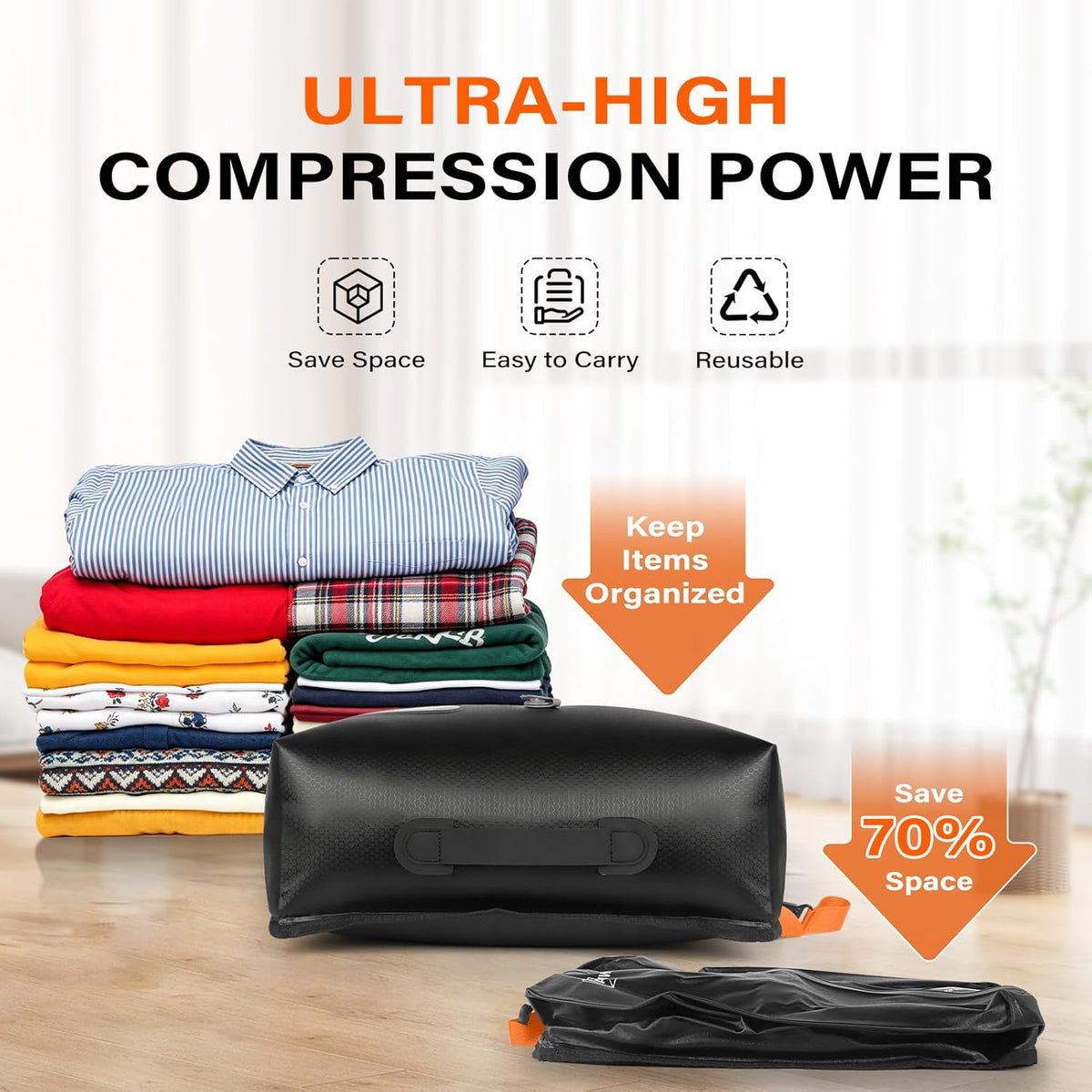 Vacuum Bags for Travel with Pump, 20L Reusable Nylon Vacuum Seal Bags for Clothing Travel, IP68 Waterproof Space Saver Compression Packing Cubes for Carry On Suitcase, Luggage (2 Pack + Pump)