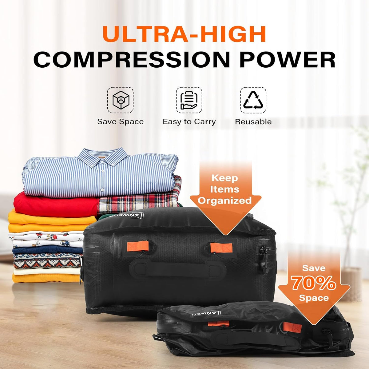 Vacuum Bags for Travel with Pump, 20L Reusable Nylon Vacuum Seal Bags for Clothing Travel, IP68 Waterproof Space Saver Compression Packing Cubes for Carry On Suitcase, Luggage (2 Pack + Pump)