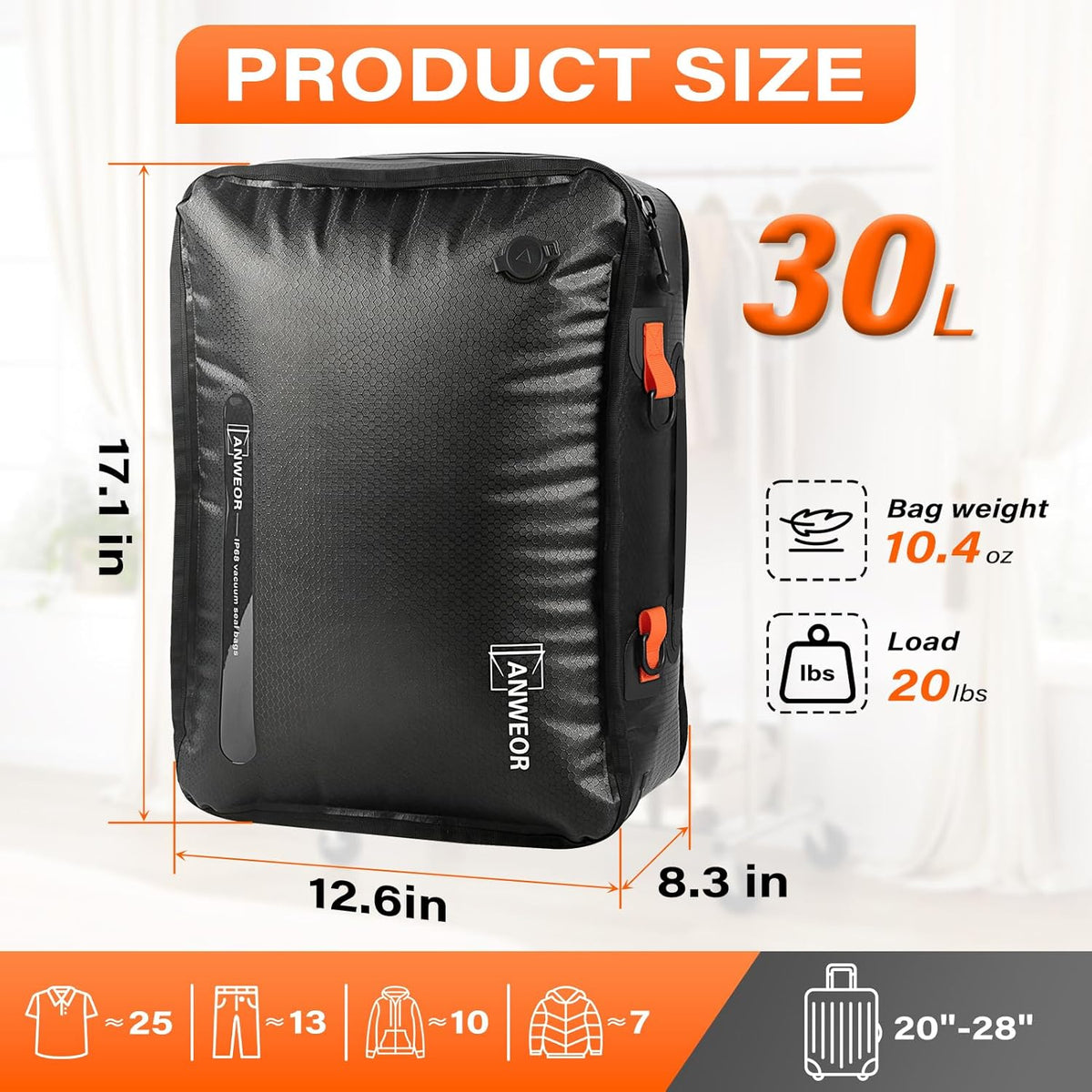 Vacuum Bags for Travel with Pump, 20L Reusable Nylon Vacuum Seal Bags for Clothing Travel, IP68 Waterproof Space Saver Compression Packing Cubes for Carry On Suitcase, Luggage (2 Pack + Pump)