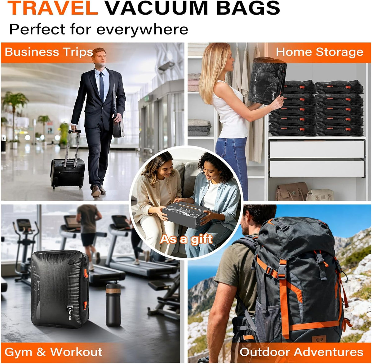 Vacuum Bags for Travel with Pump, 20L Reusable Nylon Vacuum Seal Bags for Clothing Travel, IP68 Waterproof Space Saver Compression Packing Cubes for Carry On Suitcase, Luggage (2 Pack + Pump)