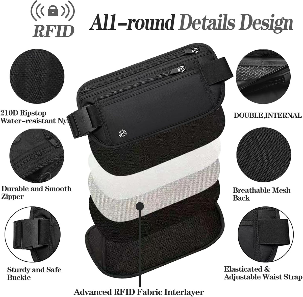 Black Hidden Money Belt for Travel for Men, Waist Wallet Anti Theft, RFID Passport Holder For Travel Men Or Women, Money Pouch, RFID Passport Holder(Black1)