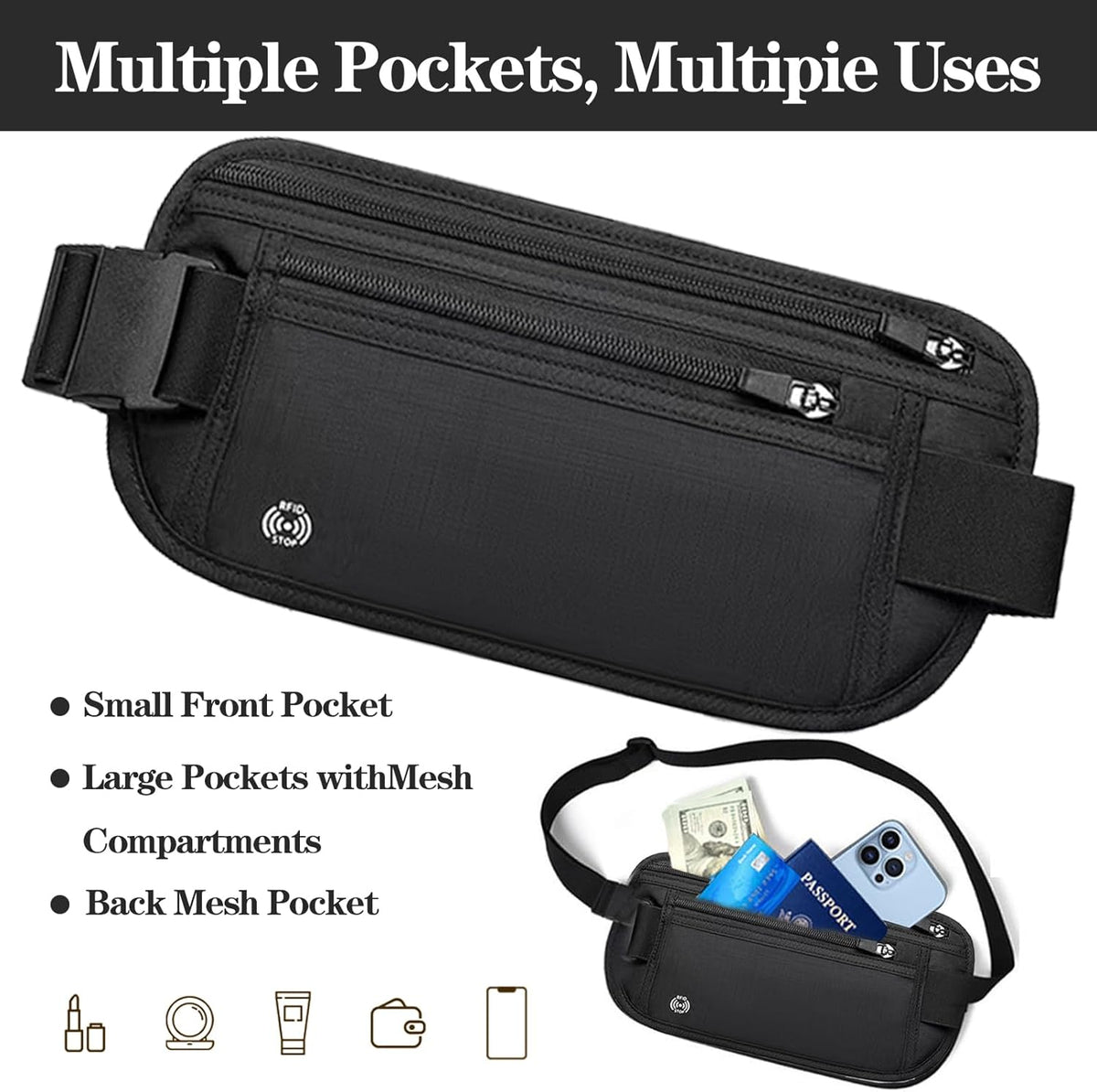 Black Hidden Money Belt for Travel for Men, Waist Wallet Anti Theft, RFID Passport Holder For Travel Men Or Women, Money Pouch, RFID Passport Holder(Black1)