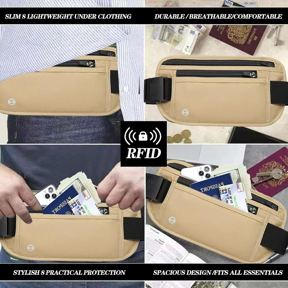 Black Hidden Money Belt for Travel for Men, Waist Wallet Anti Theft, RFID Passport Holder For Travel Men Or Women, Money Pouch, RFID Passport Holder(Black1)