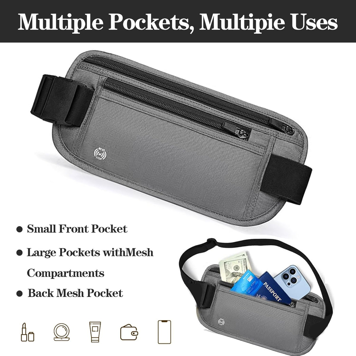 Black Hidden Money Belt for Travel for Men, Waist Wallet Anti Theft, RFID Passport Holder For Travel Men Or Women, Money Pouch, RFID Passport Holder(Black1)