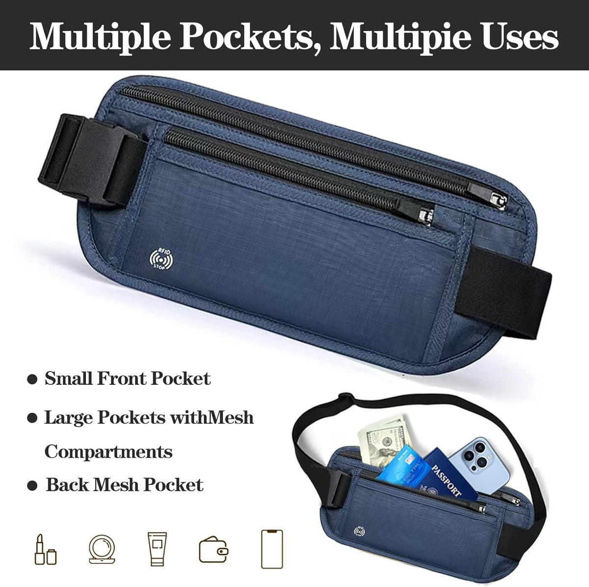 Black Hidden Money Belt for Travel for Men, Waist Wallet Anti Theft, RFID Passport Holder For Travel Men Or Women, Money Pouch, RFID Passport Holder(Black1)