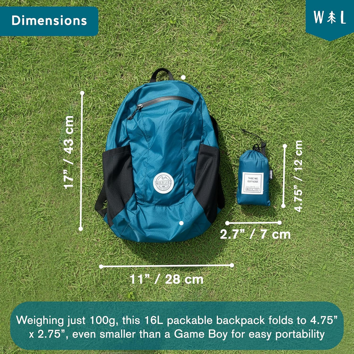 Foldable Packable Backpack 16L, Travel Daypack | Ultralight folds flat when not needed, a 100gm compact carry bag with a zip storage pouch for outings and errands