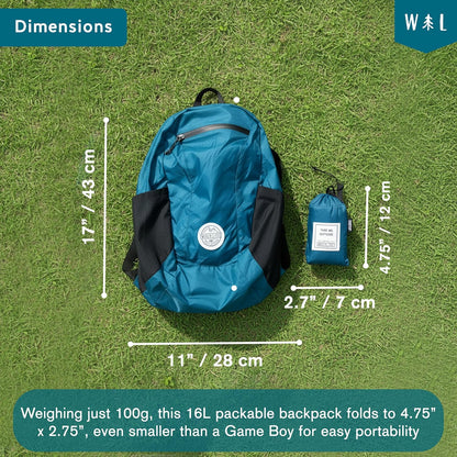 Foldable Packable Backpack 16L, Travel Daypack | Ultralight folds flat when not needed, a 100gm compact carry bag with a zip storage pouch for outings and errands