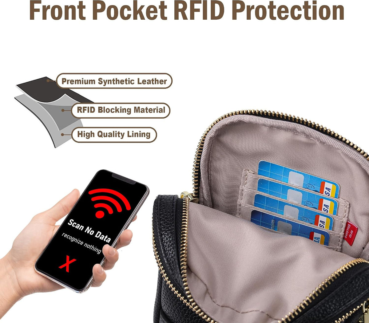 Anti Theft Crossbody Bag for Women, Small RFID Blocking Sling Purse with Zipper Lock for Travel, Vegan Leather
