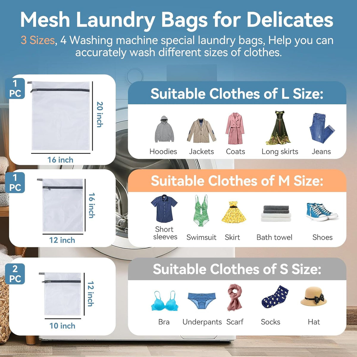 Mesh Laundry Bags for Delicates, 4Pcs Laundry Bags Mesh Wash Bags,Lingerie Bags for Washing Delicates, Laundry Bag for Delicates (1 Large,1 Medium,2 Small)