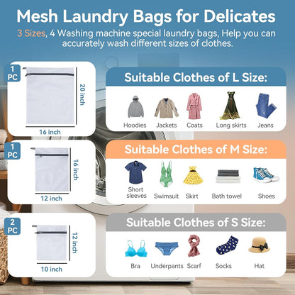 Mesh Laundry Bags for Delicates, 4Pcs Laundry Bags Mesh Wash Bags,Lingerie Bags for Washing Delicates, Laundry Bag for Delicates (1 Large,1 Medium,2 Small)