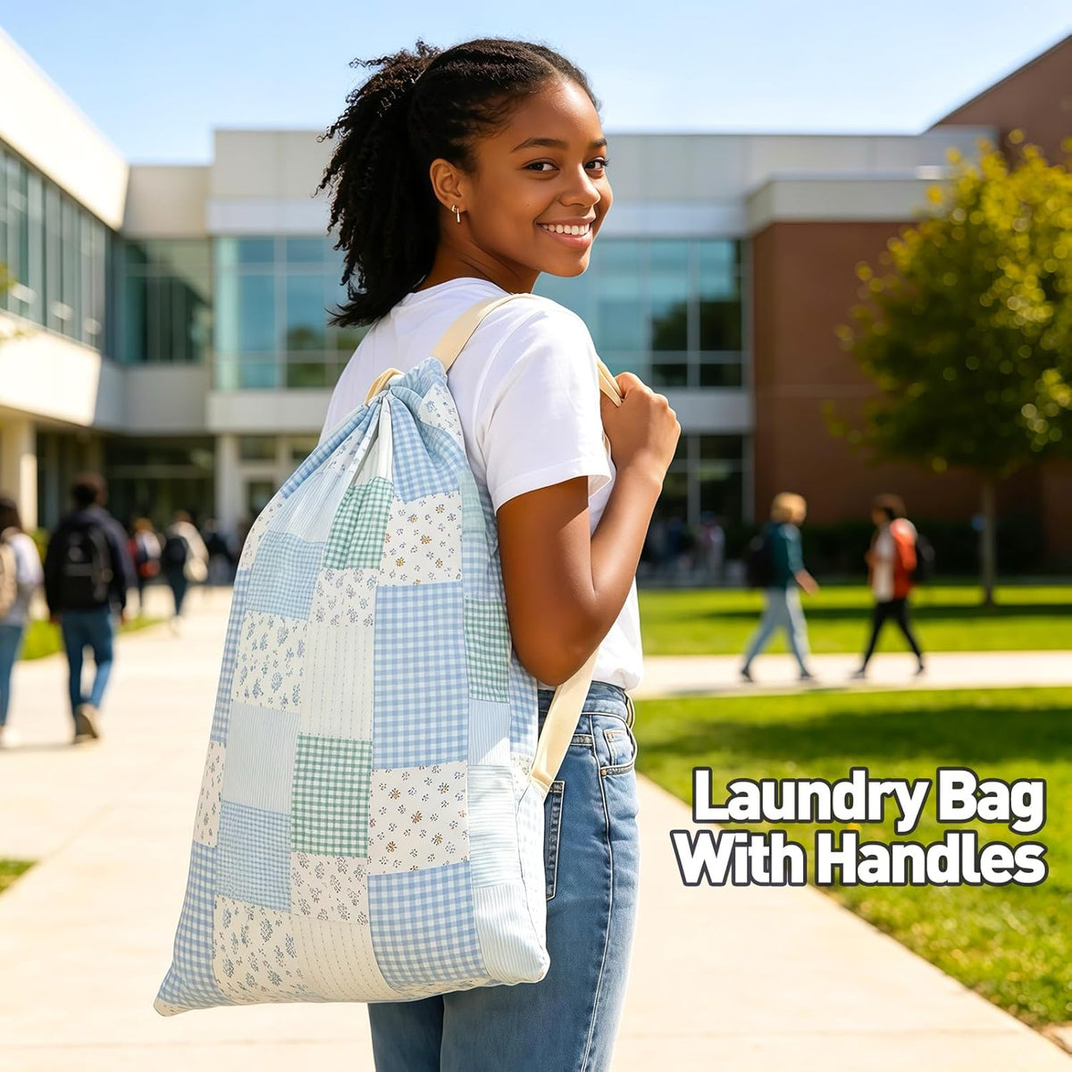 Laundry Bag, Dirty Backpack Laundry Bag For College Travel Laundromat Apartment, With Handles 29" X 18" (Blue Florals)