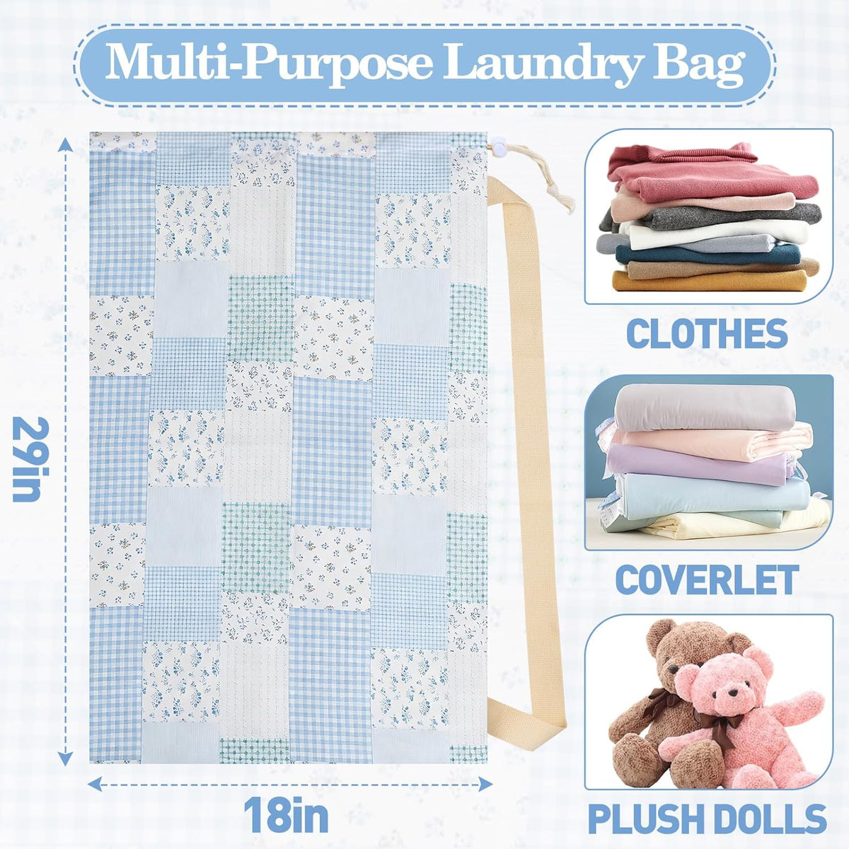 Laundry Bag, Dirty Backpack Laundry Bag For College Travel Laundromat Apartment, With Handles 29" X 18" (Blue Florals)