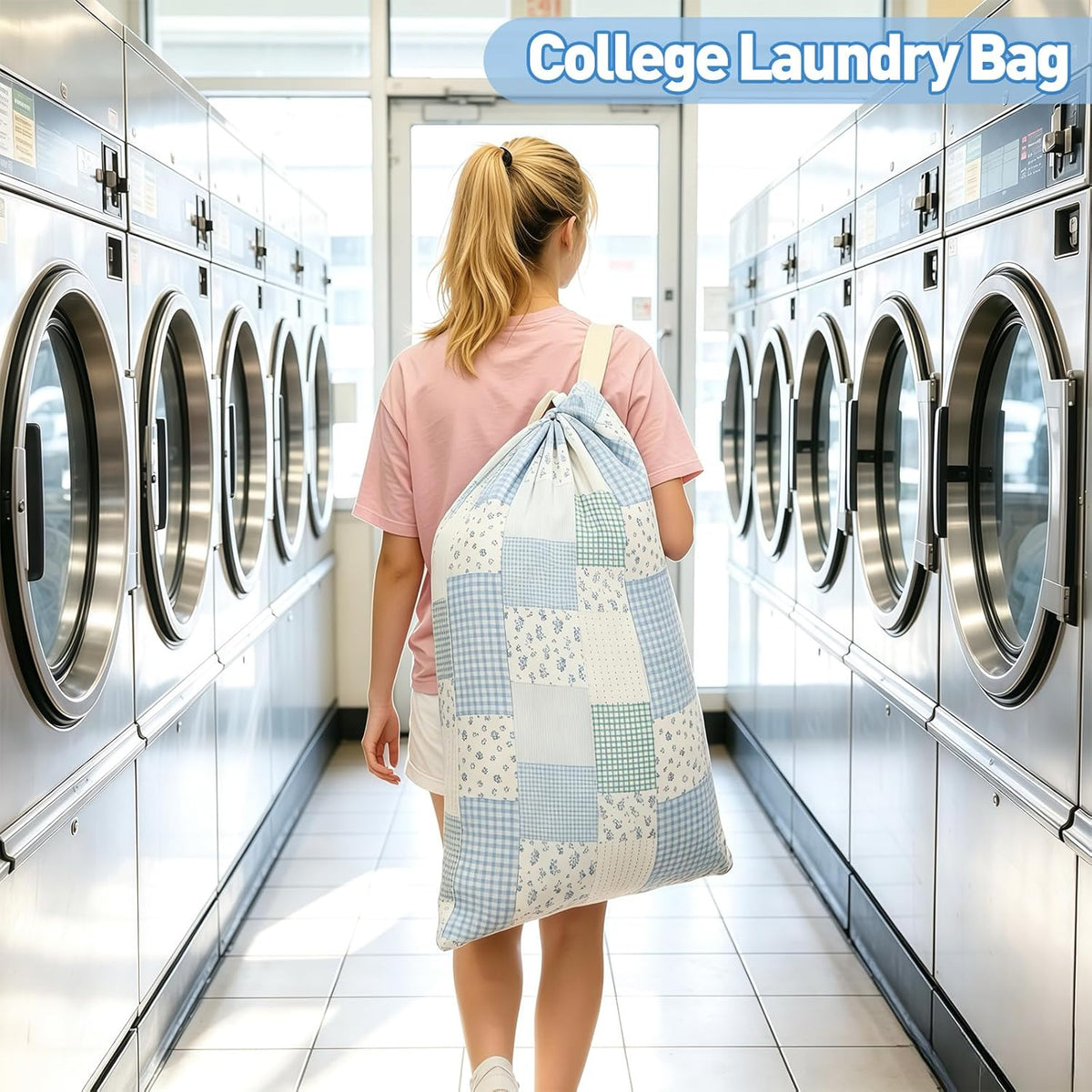 Laundry Bag, Dirty Backpack Laundry Bag For College Travel Laundromat Apartment, With Handles 29" X 18" (Blue Florals)