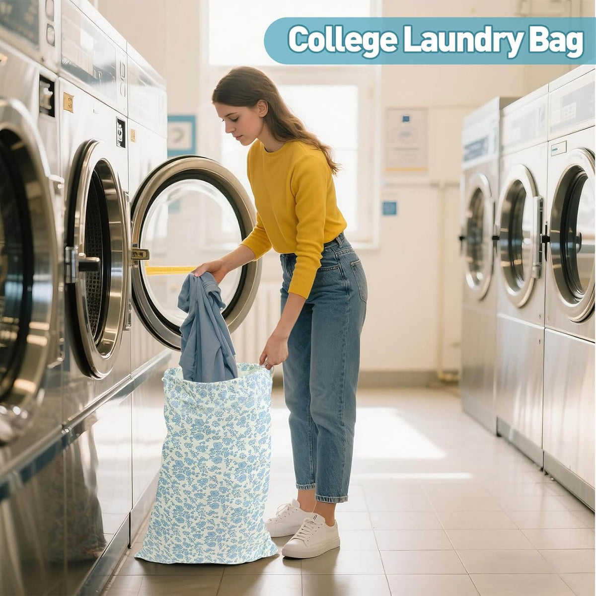 Laundry Bag, Dirty Backpack Laundry Bag For College Travel Laundromat Apartment, With Handles 29" X 18" (Blue Florals)