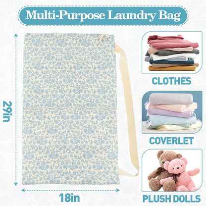 Laundry Bag, Dirty Backpack Laundry Bag For College Travel Laundromat Apartment, With Handles 29" X 18" (Blue Florals)