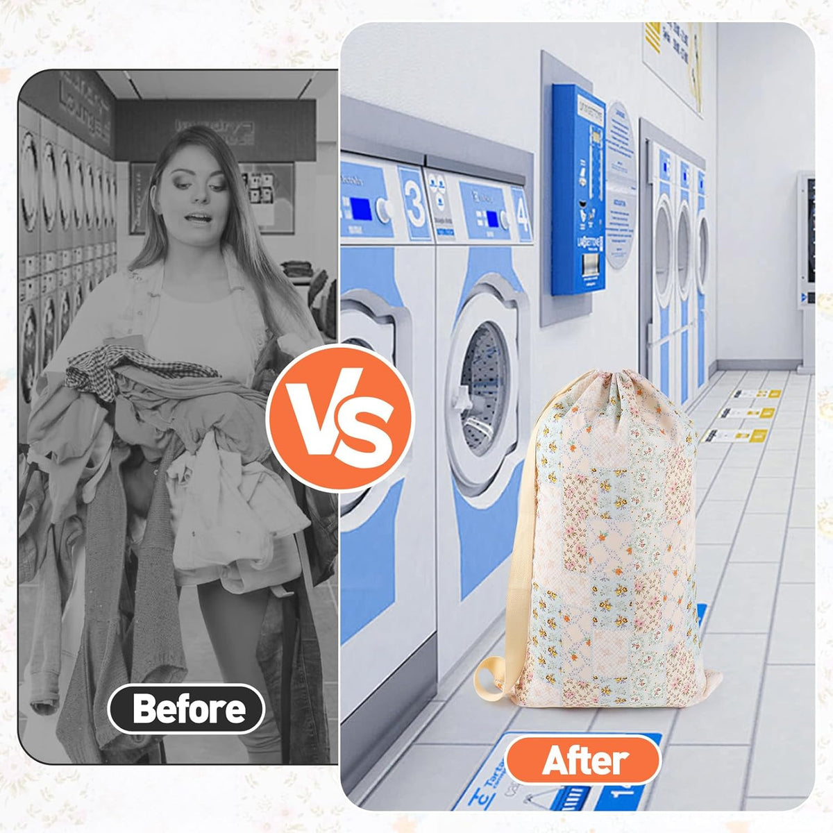 Laundry Bag, Dirty Backpack Laundry Bag For College Travel Laundromat Apartment, With Handles 29" X 18" (Blue Florals)