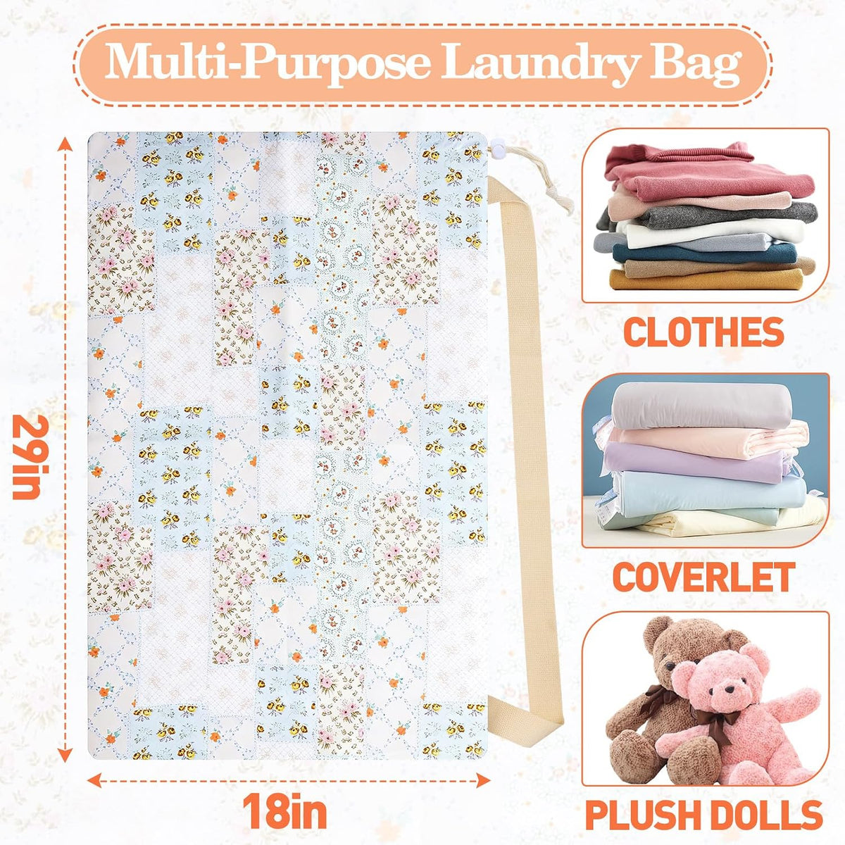 Laundry Bag, Dirty Backpack Laundry Bag For College Travel Laundromat Apartment, With Handles 29" X 18" (Blue Florals)