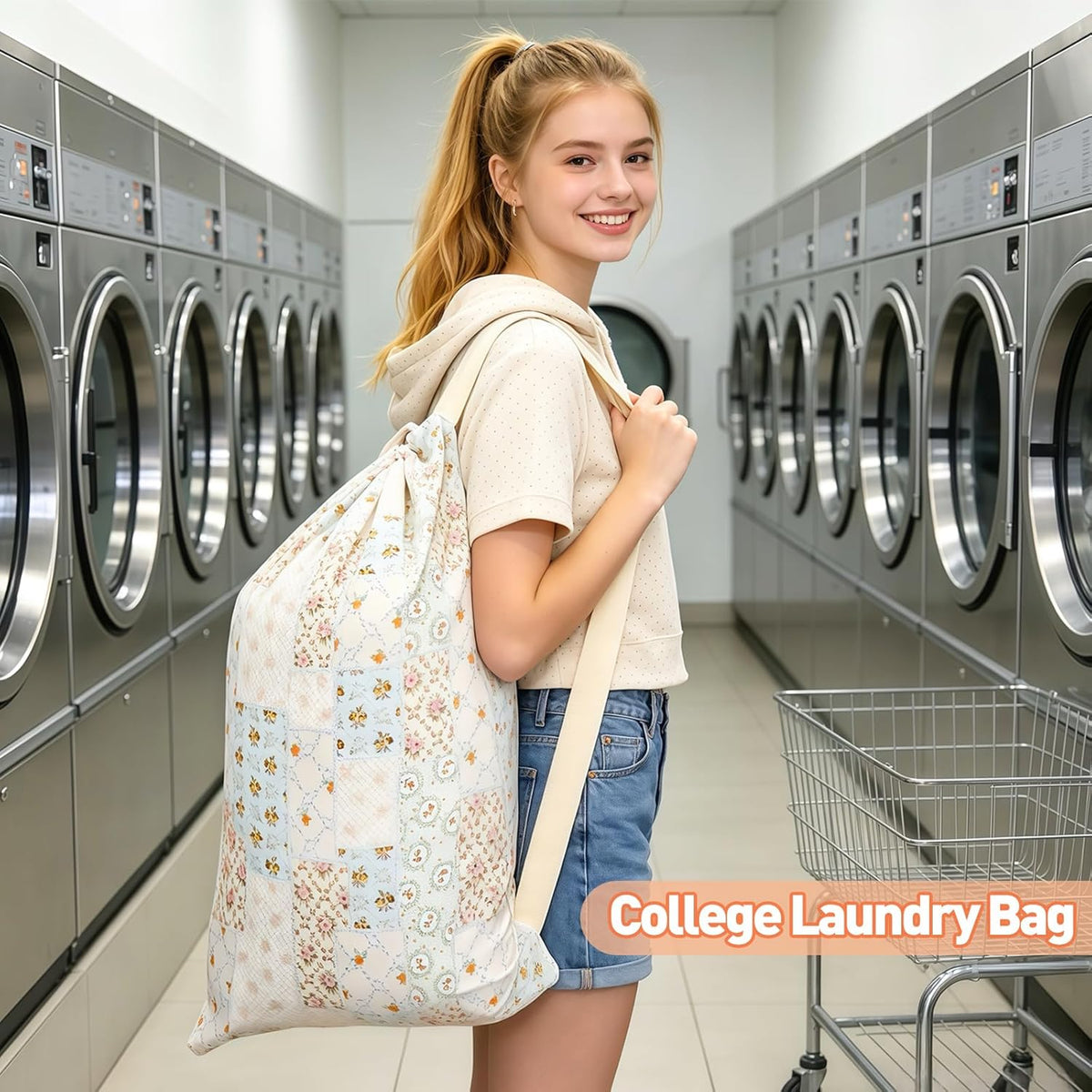 Laundry Bag, Dirty Backpack Laundry Bag For College Travel Laundromat Apartment, With Handles 29" X 18" (Blue Florals)