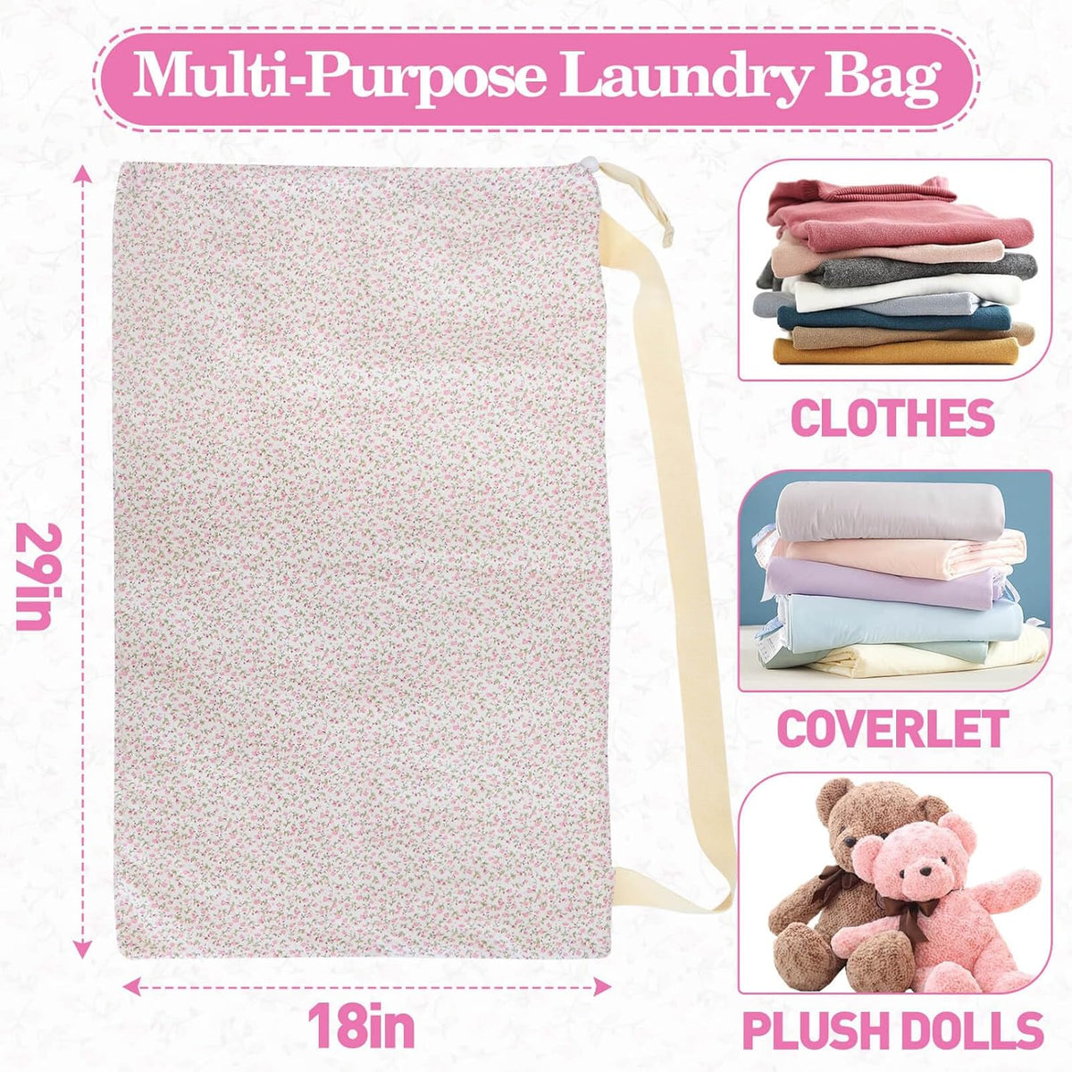 Laundry Bag, Dirty Backpack Laundry Bag For College Travel Laundromat Apartment, With Handles 29" X 18" (Blue Florals)