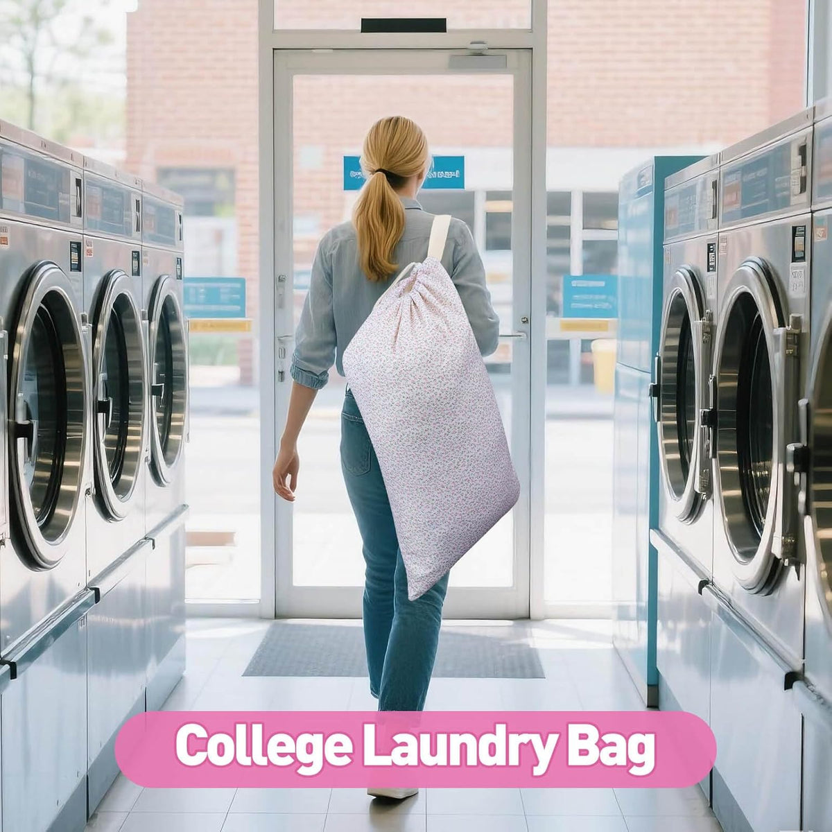 Laundry Bag, Dirty Backpack Laundry Bag For College Travel Laundromat Apartment, With Handles 29" X 18" (Blue Florals)