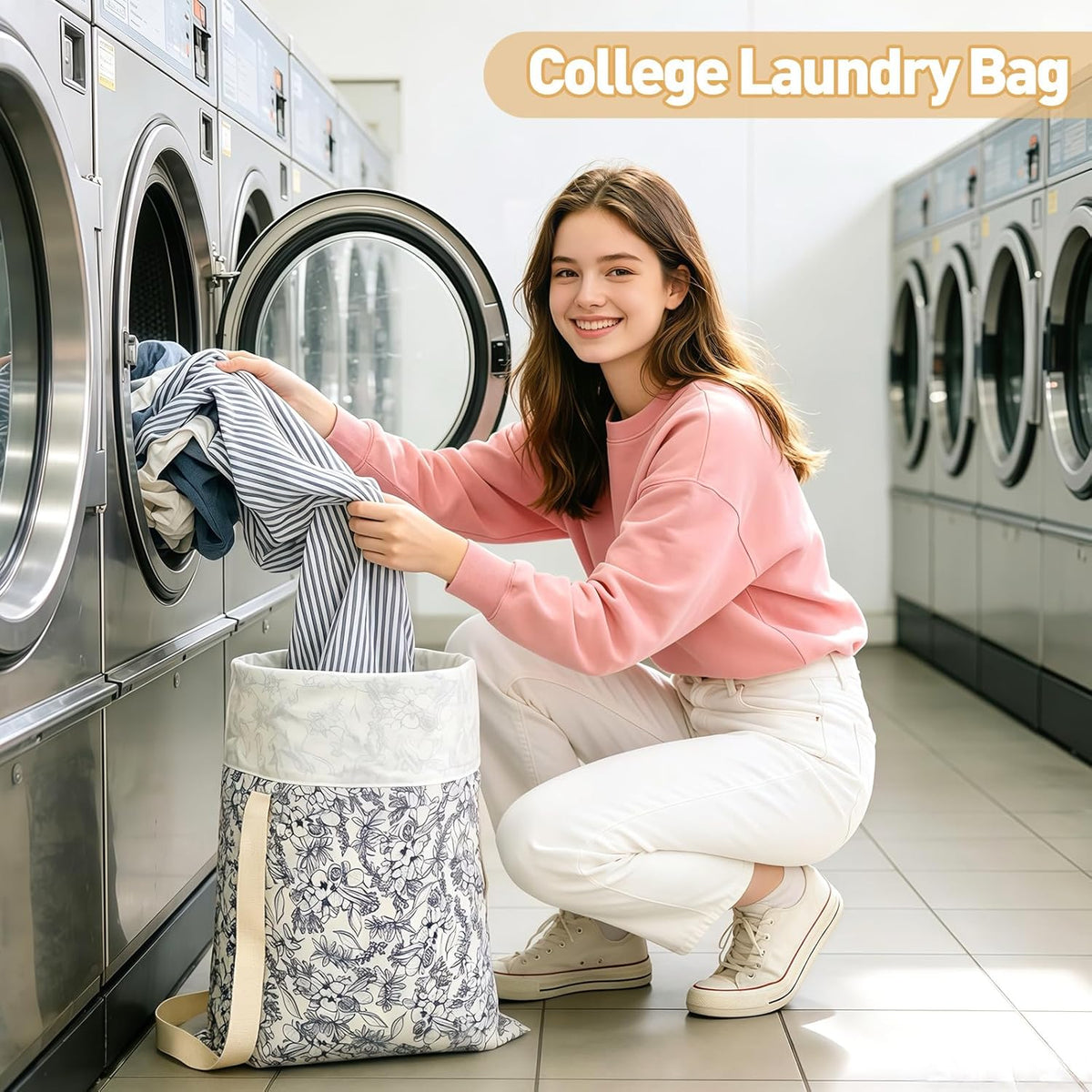 Laundry Bag, Dirty Backpack Laundry Bag For College Travel Laundromat Apartment, With Handles 29" X 18" (Blue Florals)