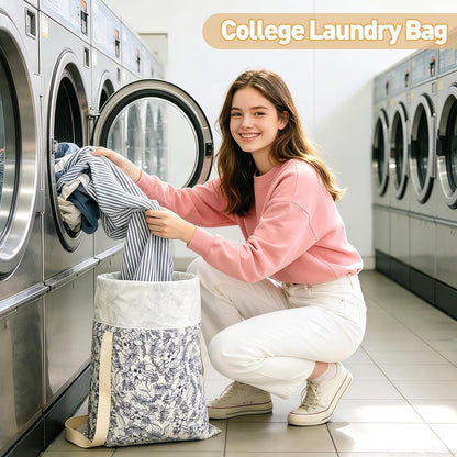 Laundry Bag, Dirty Backpack Laundry Bag For College Travel Laundromat Apartment, With Handles 29" X 18" (Blue Florals)