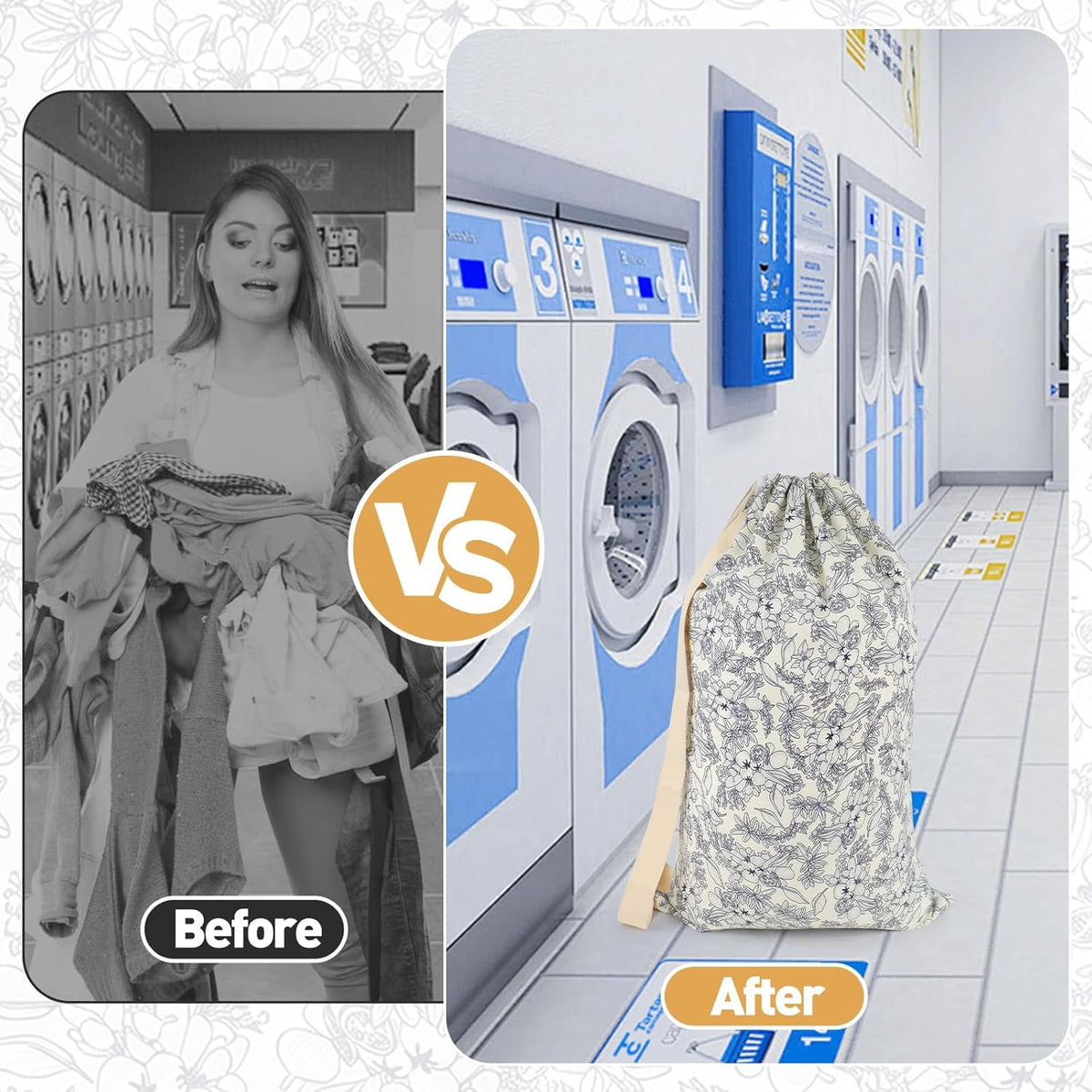 Laundry Bag, Dirty Backpack Laundry Bag For College Travel Laundromat Apartment, With Handles 29" X 18" (Blue Florals)
