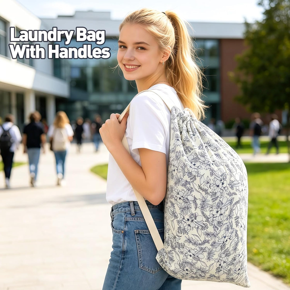 Laundry Bag, Dirty Backpack Laundry Bag For College Travel Laundromat Apartment, With Handles 29" X 18" (Blue Florals)