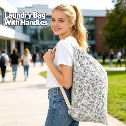 Laundry Bag, Dirty Backpack Laundry Bag For College Travel Laundromat Apartment, With Handles 29" X 18" (Blue Florals)