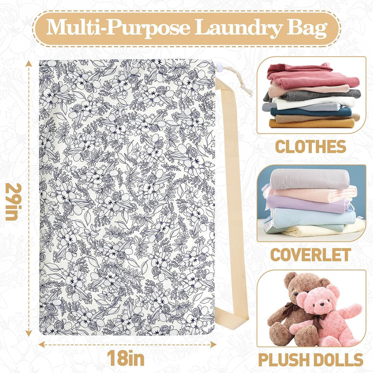 Laundry Bag, Dirty Backpack Laundry Bag For College Travel Laundromat Apartment, With Handles 29" X 18" (Blue Florals)