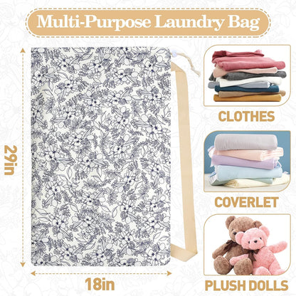 Laundry Bag, Dirty Backpack Laundry Bag For College Travel Laundromat Apartment, With Handles 29" X 18" (Blue Florals)