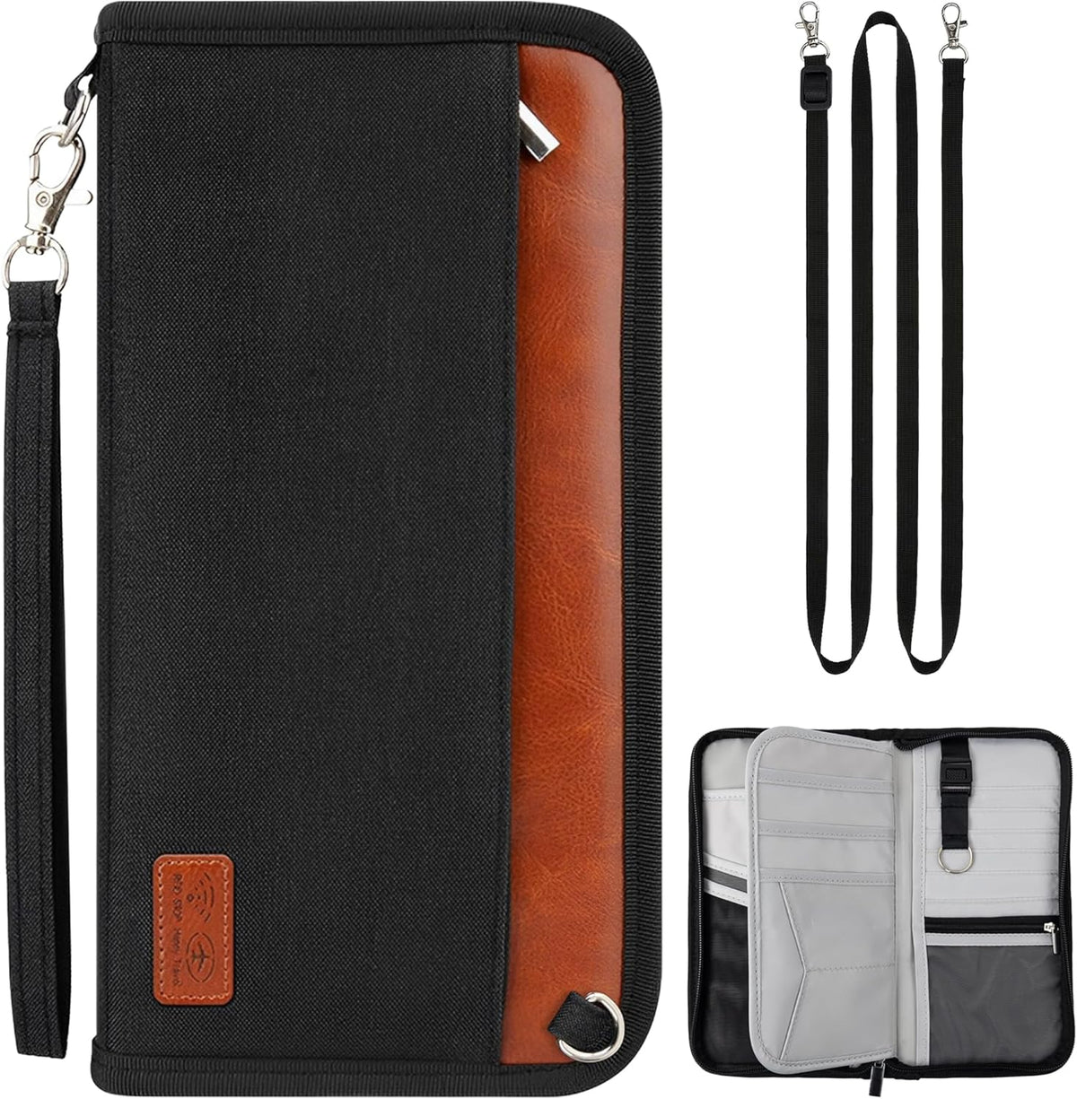 Family Passport Holder, RFID Blocking Travel Wallet for 4-5 Passports, Premium Document Organizer with Wristlet & Crossbody Strap - Black/Brown