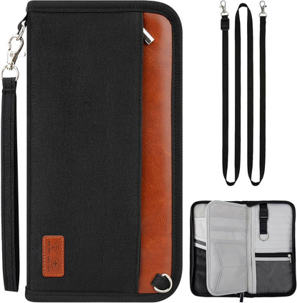 Family Passport Holder, RFID Blocking Travel Wallet for 4-5 Passports, Premium Document Organizer with Wristlet & Crossbody Strap - Black/Brown