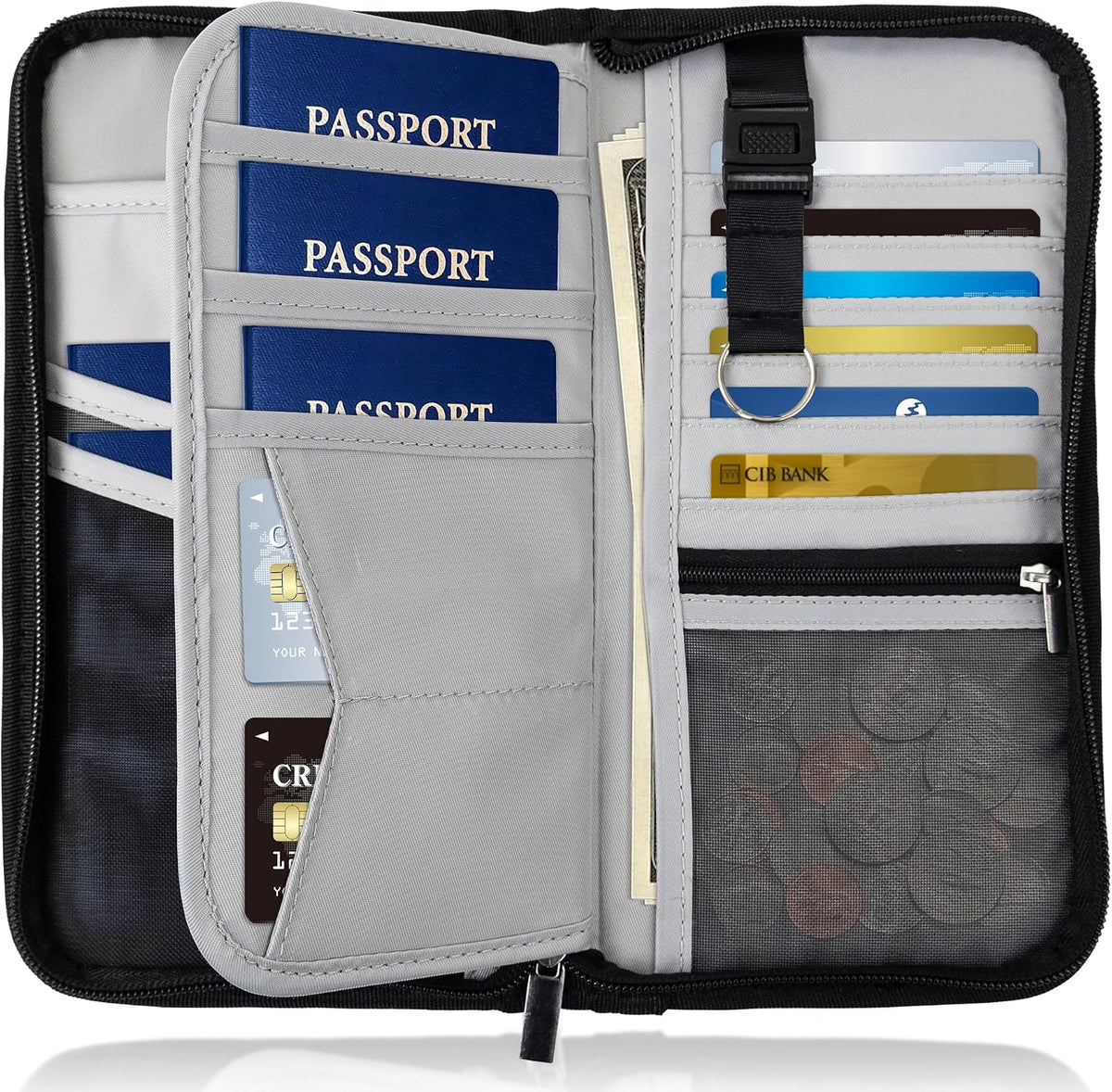 Family Passport Holder, RFID Blocking Travel Wallet for 4-5 Passports, Premium Document Organizer with Wristlet & Crossbody Strap - Black/Brown