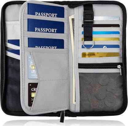 Family Passport Holder, RFID Blocking Travel Wallet for 4-5 Passports, Premium Document Organizer with Wristlet & Crossbody Strap - Black/Brown