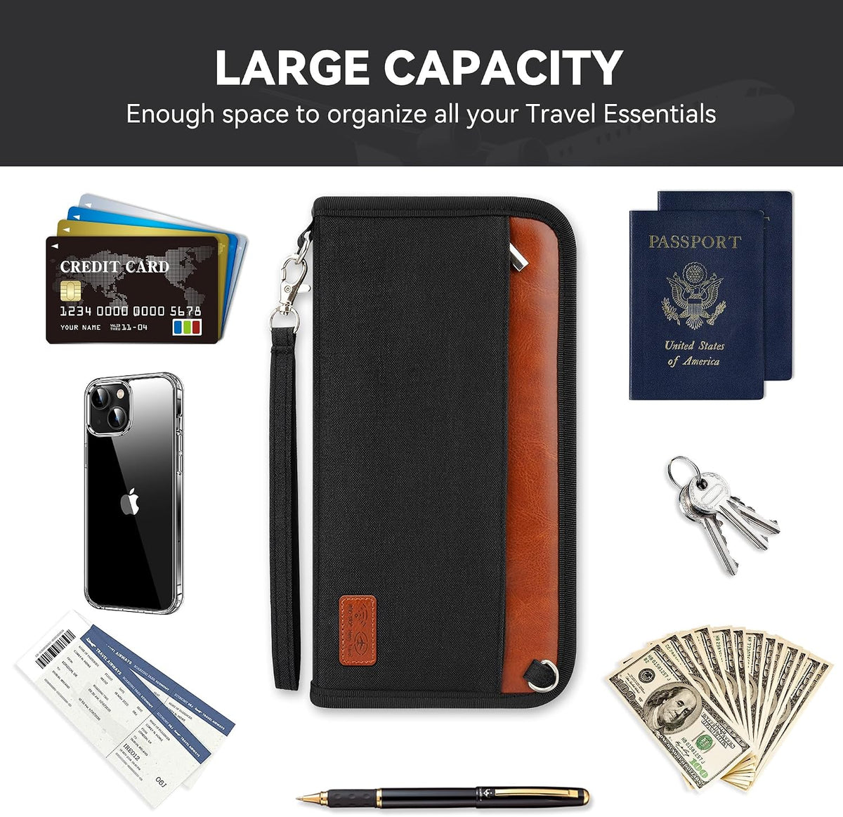 Family Passport Holder, RFID Blocking Travel Wallet for 4-5 Passports, Premium Document Organizer with Wristlet & Crossbody Strap - Black/Brown