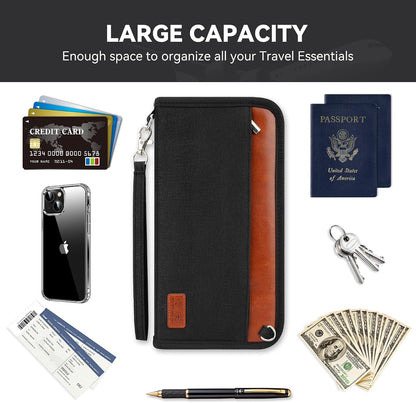 Family Passport Holder, RFID Blocking Travel Wallet for 4-5 Passports, Premium Document Organizer with Wristlet & Crossbody Strap - Black/Brown