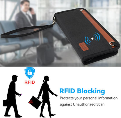 Family Passport Holder, RFID Blocking Travel Wallet for 4-5 Passports, Premium Document Organizer with Wristlet & Crossbody Strap - Black/Brown