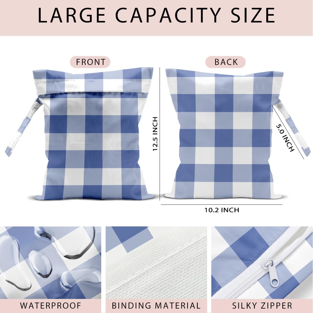 Swimsuit Bag Wet Bags for Travel Reusable Waterproof Bags Blue Checkered Wet Bag for Swimsuit Towels Beach Gym 10.2×12.6 Inches