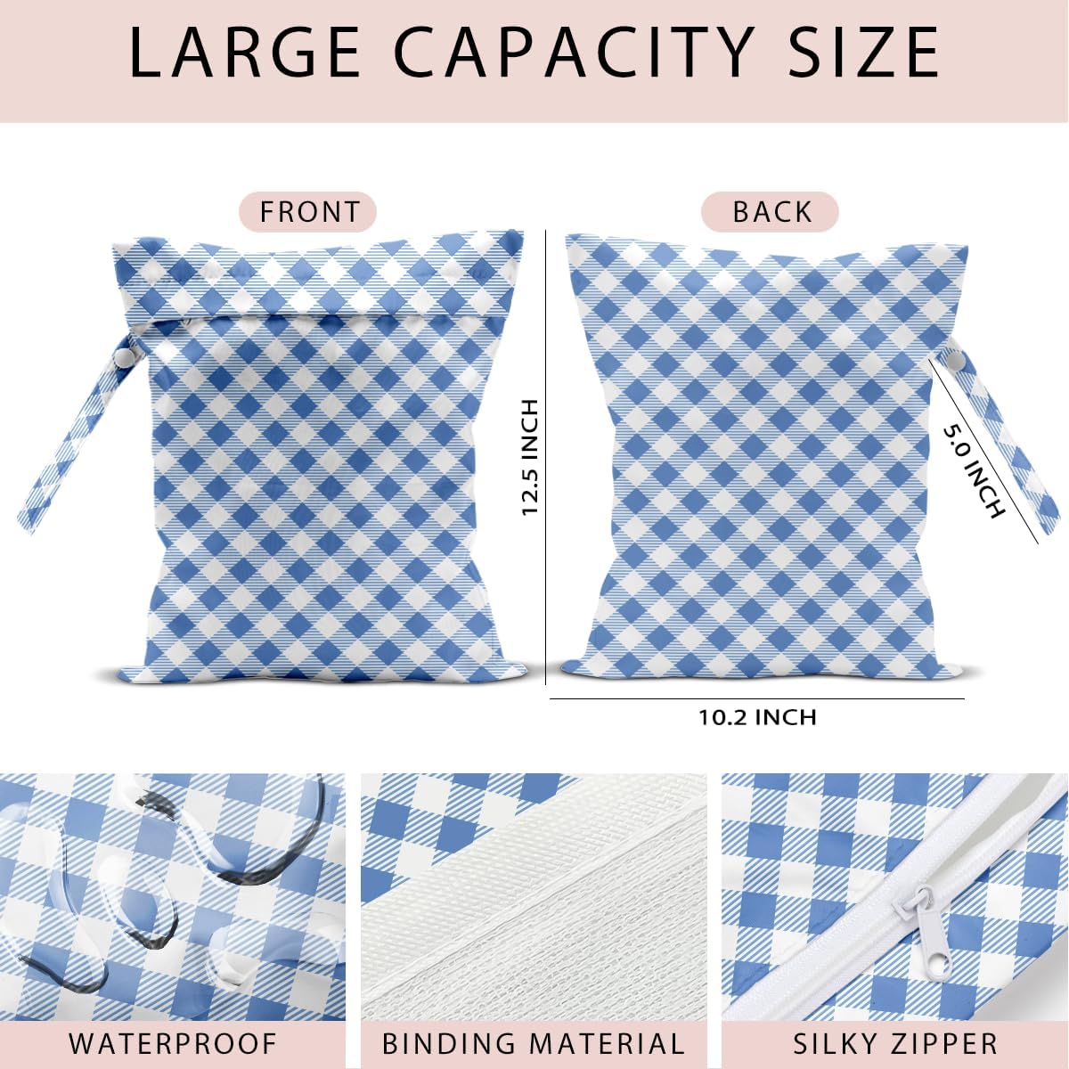 Swimsuit Bag Wet Bags for Travel Reusable Waterproof Bags Blue Checkered Wet Bag for Swimsuit Towels Beach Gym 10.2×12.6 Inches