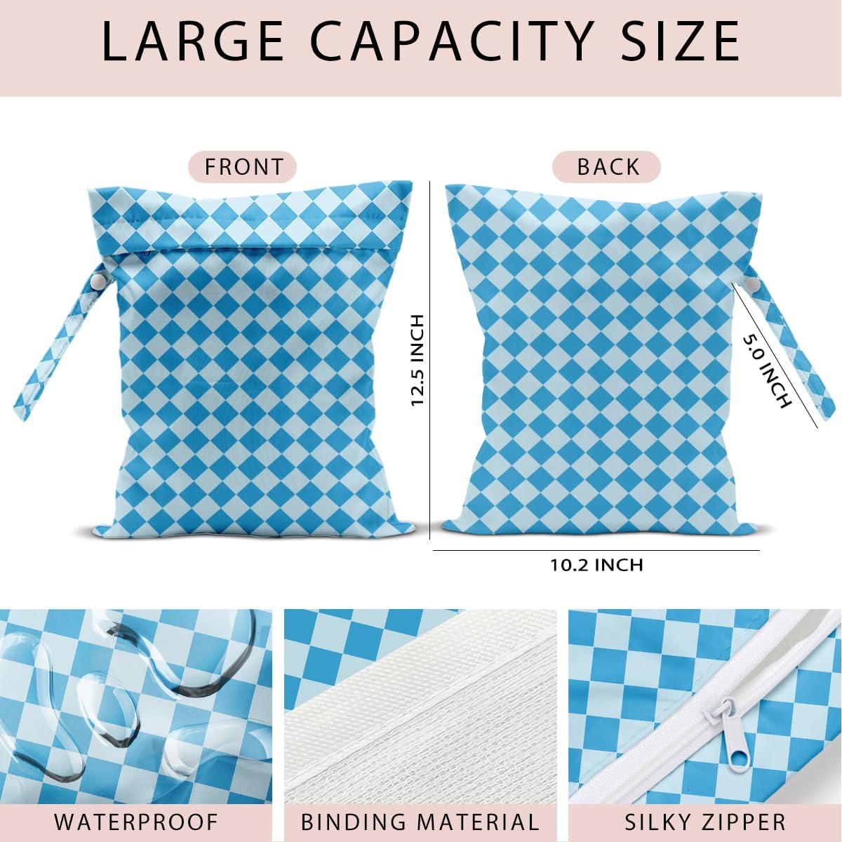 Swimsuit Bag Wet Bags for Travel Reusable Waterproof Bags Blue Checkered Wet Bag for Swimsuit Towels Beach Gym 10.2×12.6 Inches