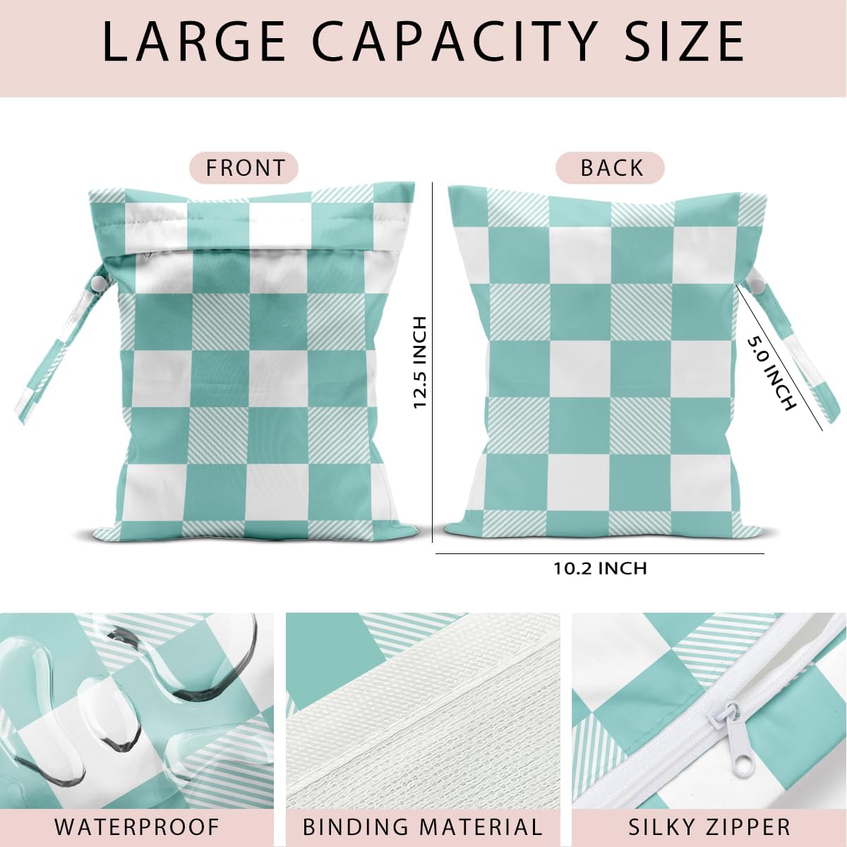 Swimsuit Bag Wet Bags for Travel Reusable Waterproof Bags Blue Checkered Wet Bag for Swimsuit Towels Beach Gym 10.2×12.6 Inches