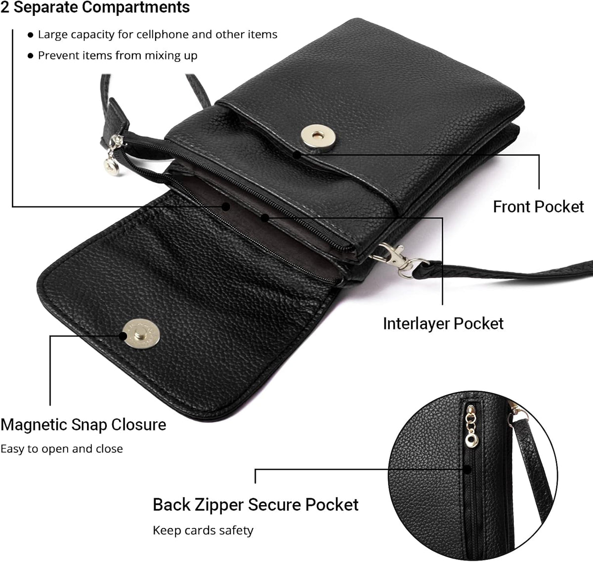Vegan Leather Purse for Women Small Crossbody Bags Cell Phone Purse Wallet with Adjustable Strap Black Travel Purse