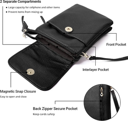 Vegan Leather Purse for Women Small Crossbody Bags Cell Phone Purse Wallet with Adjustable Strap Black Travel Purse