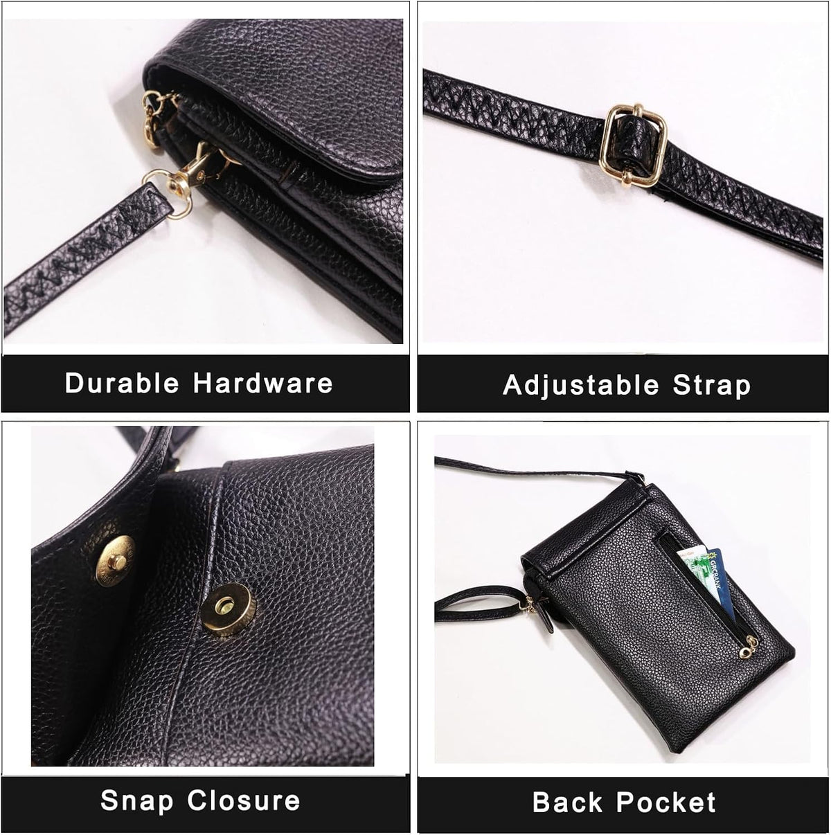 Vegan Leather Purse for Women Small Crossbody Bags Cell Phone Purse Wallet with Adjustable Strap Black Travel Purse